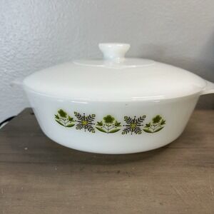 Vintage 437 Anchor Hocking Fire King Meadow‎ Green Casserole Dish W/Lid 1.5 Qt